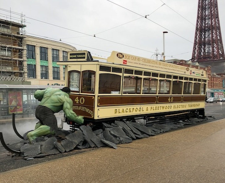 Hulk stopped a runaway tram in Blackpool.