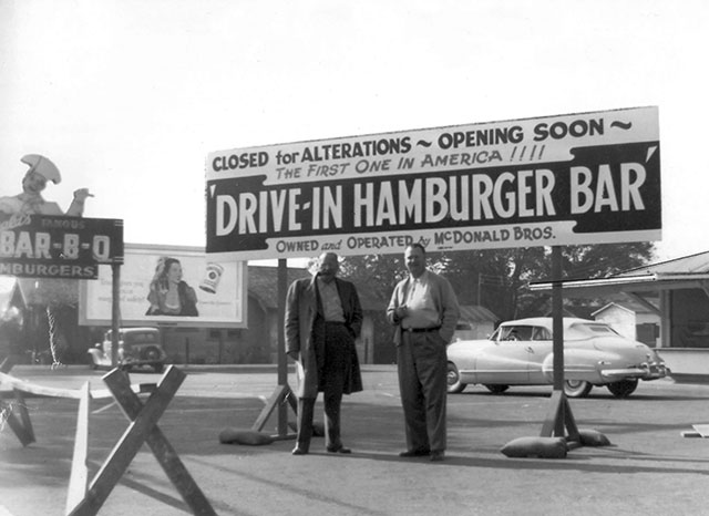 The McDonald brothers in front of the not yet opened first McDonald’s, November 1948, San Bernadino, CA