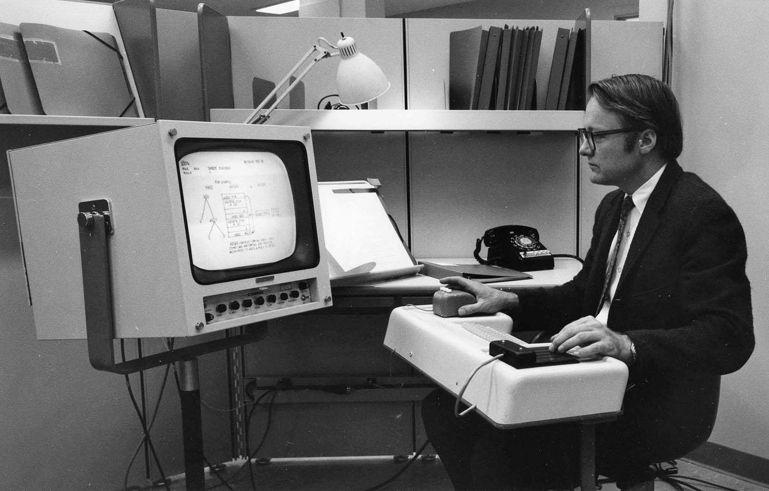 The first public demonstration of a computer mouse, graphical user interface, windowed computing, hypertext and word processing, 1968