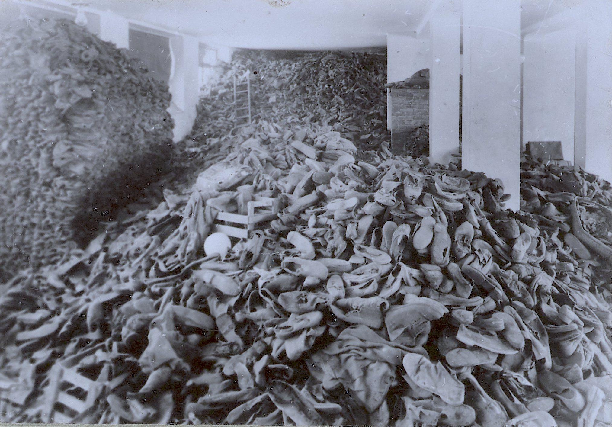 One the warehouses filled with victims’ shoes up to the ceiling. Auschwitz, Occupied Poland 1944