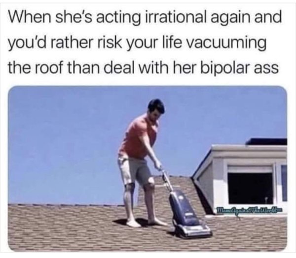 vacuuming roof meme - When she's acting irrational again and you'd rather risk your life vacuuming the roof than deal with her bipolar ass