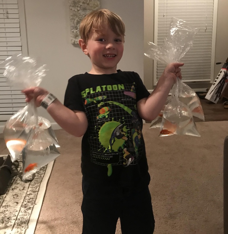 “My wife and I decided on not getting any pets anytime soon. So my son goes to the fair with his aunt and wins all of these.”