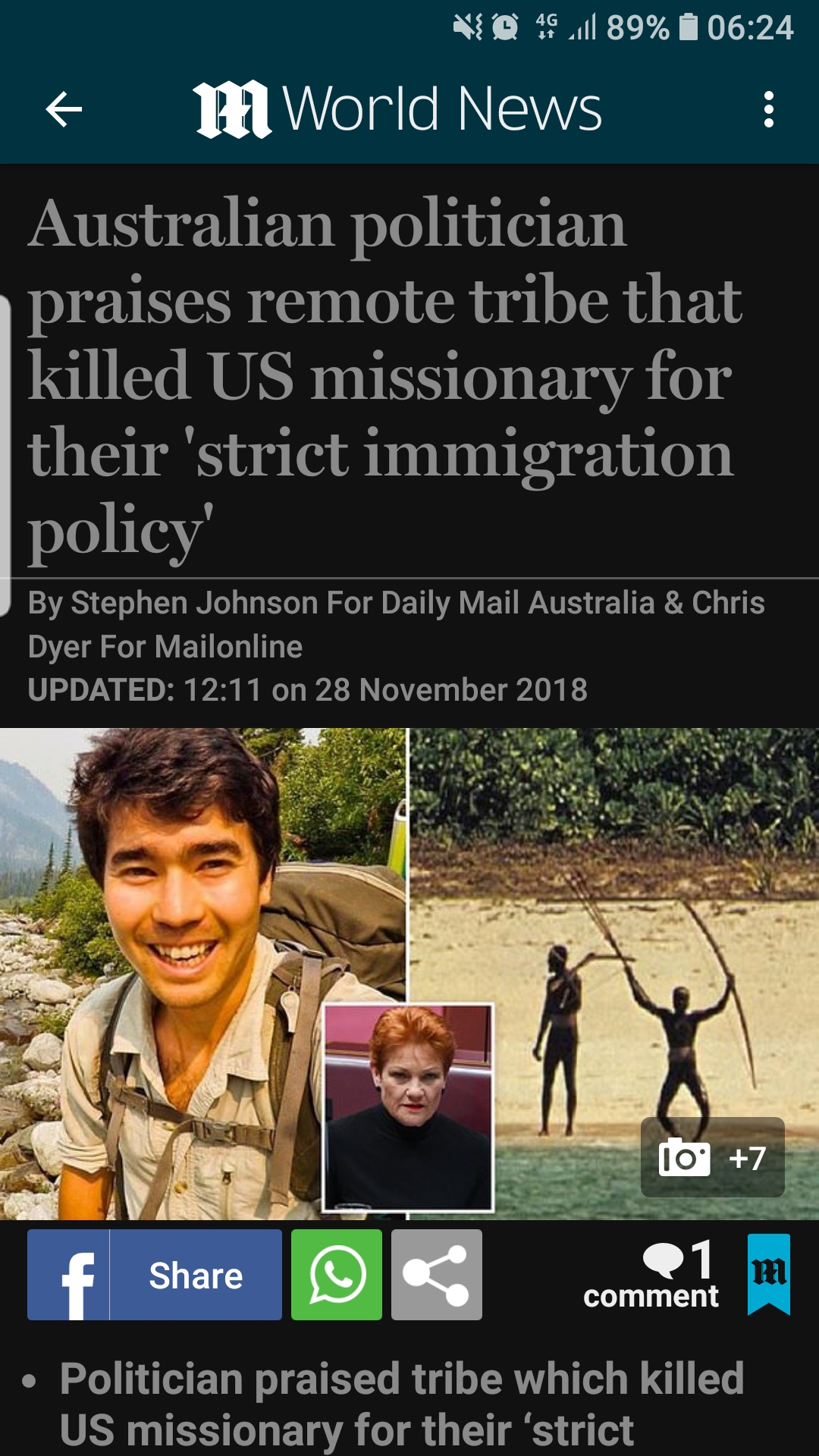 random pic poster - @ 89% m World News Australian politician praises remote tribe that killed Us missionary for their 'strict immigration policy' By Stephen Johnson For Daily Mail Australia & Chris Dyer For Mailonline Updated on 10 7 1 comment Politician 