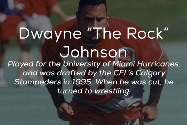 photo caption - Dwayne The Rock" Johnsrunami Hurricane Played for the University of Miami Hurricanes, and was drafted by the Cfl's Calgary Stampeders in 1995. When he was cut, he turned to wrestling.