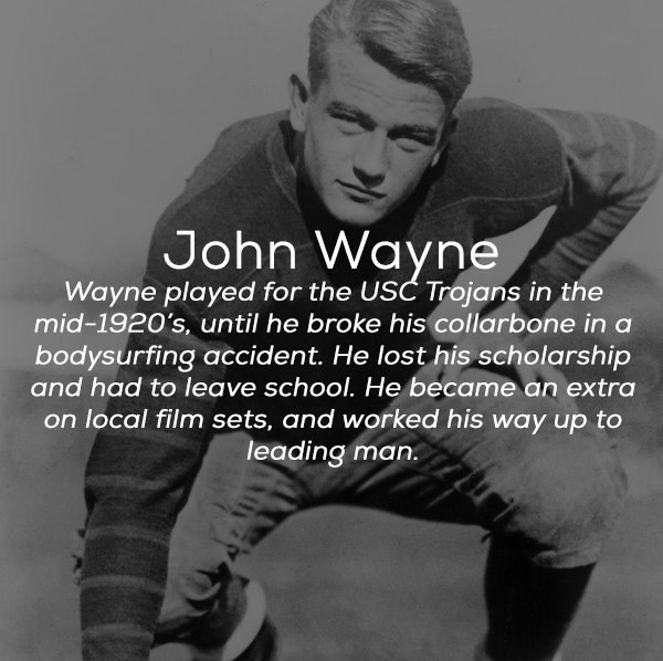 emotion - John Wayne Wayne played for the Usc Trojans in the mid1920's, until he broke his collarbone in a bodysurfing accident. He lost his scholarship and had to leave school. He became an extra on local film sets, and worked his way up to leading man.