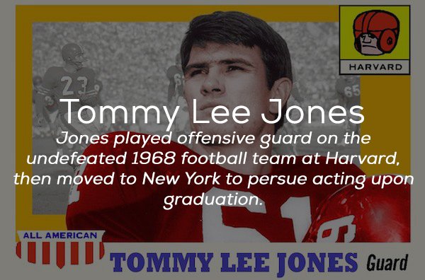 photo caption - Harvard 23 Tommy Lee Jones Jones played offensive guard on the undefeated 1968 football team at Harvard, then moved to New York to persue acting upon graduation. All American U Tommy Lee Tones Guard