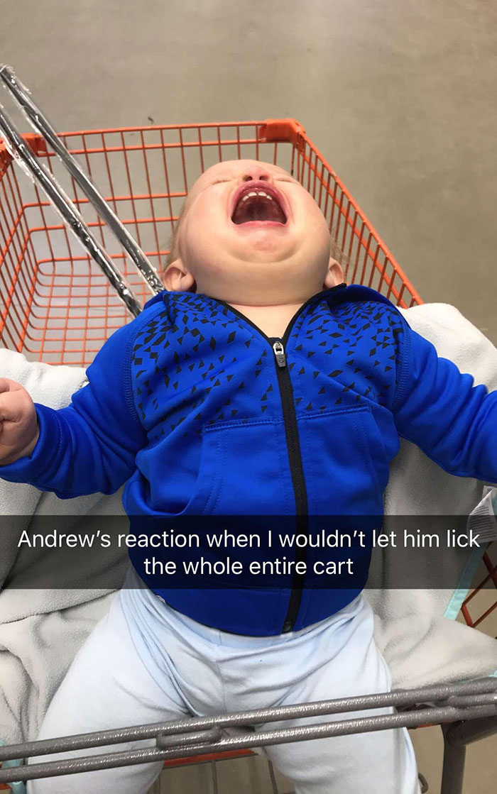 kids driving parents crazy - Andrew's reaction when I wouldn't let him lick the whole entire cart