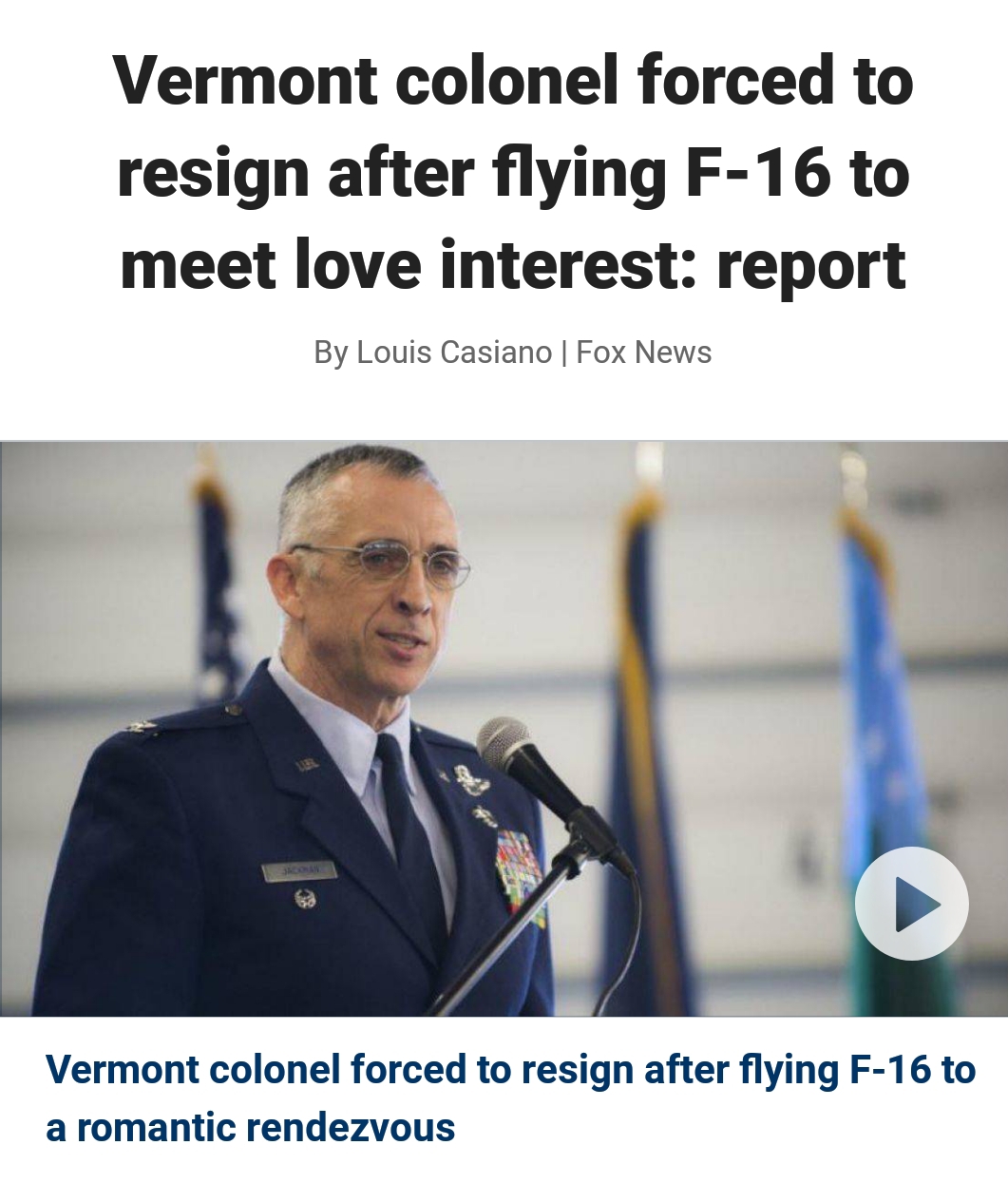 col thomas jackman - Vermont colonel forced to resign after flying F16 to meet love interest report By Louis Casiano | Fox News Vermont colonel forced to resign after flying F16 to a romantic rendezvous