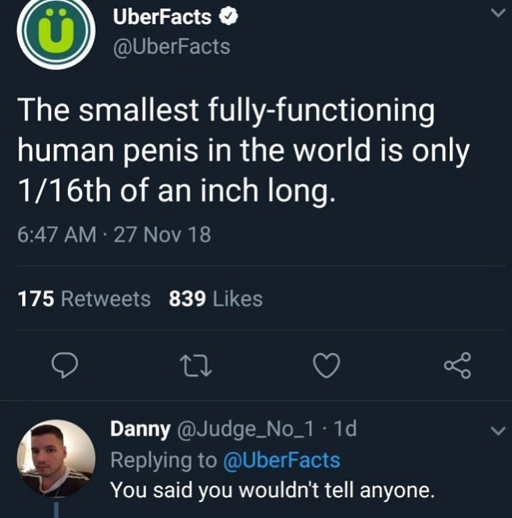 smallest penis in the world - UberFacts The smallest fullyfunctioning human penis in the world is only 116th of an inch long. 27 Nov 18 175 839 22 Danny . 10, ' You said you wouldn't tell anyone.