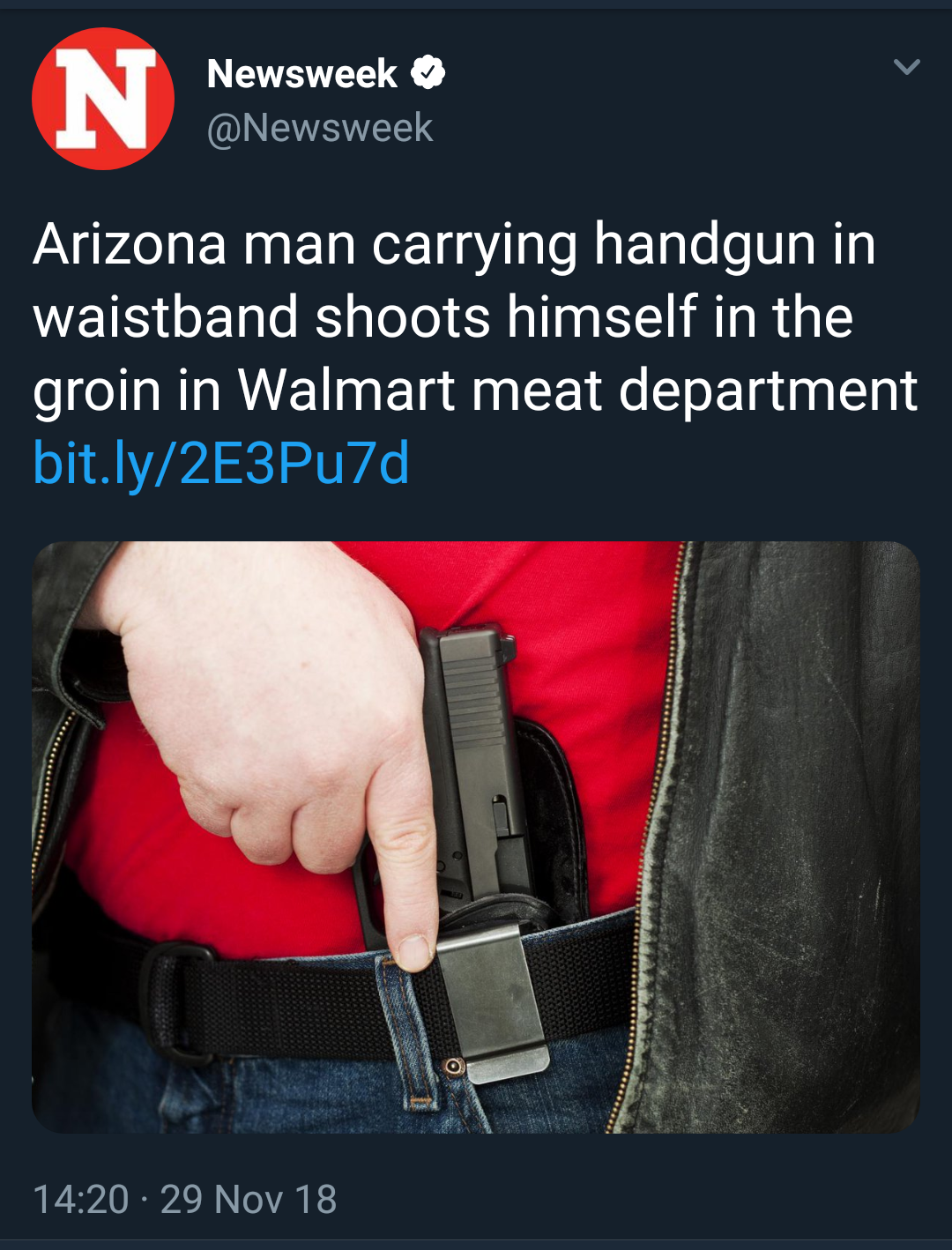 hand - Newsweek Arizona man carrying handgun in waistband shoots himself in the groin in Walmart meat department bit.ly2E3Pu7d 29 Nov 18