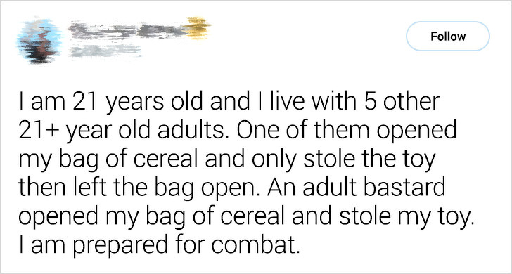 memes - document - I am 21 years old and I live with 5 other 21 year old adults. One of them opened my bag of cereal and only stole the toy then left the bag open. An adult bastard opened my bag of cereal and stole my toy. Tam prepared for combat.