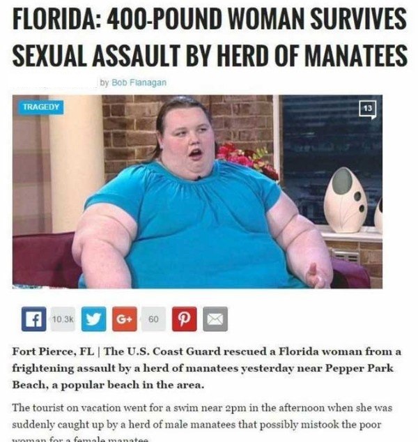 atoz service - Florida 400Pound Woman Survives Sexual Assault By Herd Of Manatees by Bob Flanagan Tragedy Fort Pierce, Fl | The U.S. Coast Guard rescued a Florida woman from a frightening assault by a herd of manatees yesterday near Pepper Park Beach, a p
