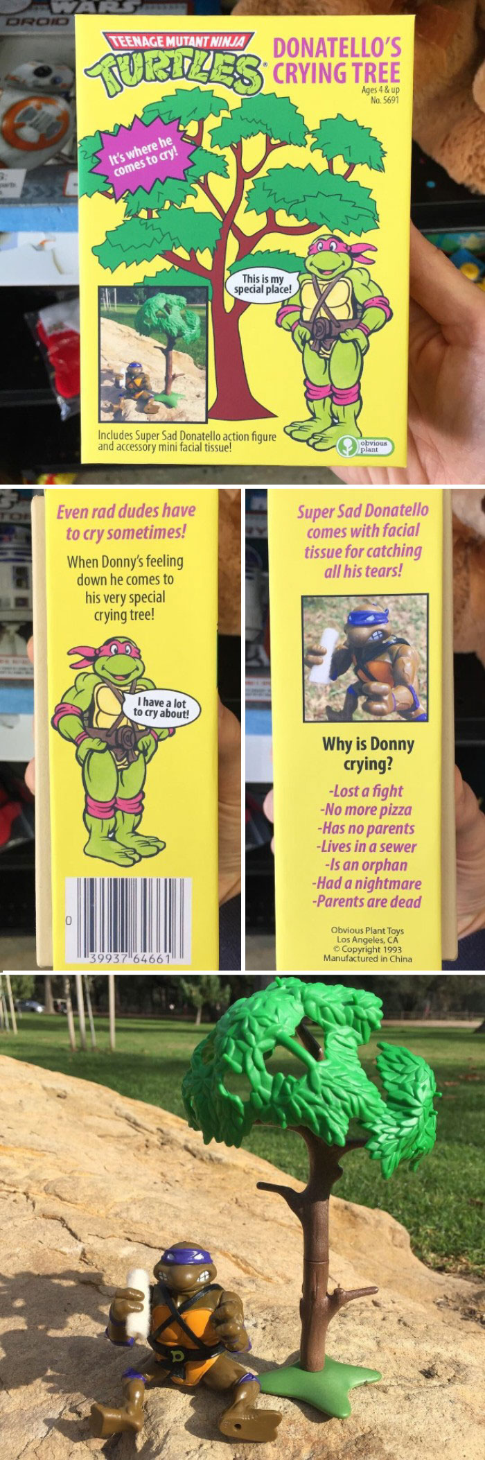 donatello's crying tree - Droid Teenage Mutant Ninja 43 Crying Tree Ages 4 & up No. 5691 It's where he comes to cry! This is my special place! Includes Super Sad Donatello action figure and accessory mini facial tissue! obvious plant Even rad dudes have t