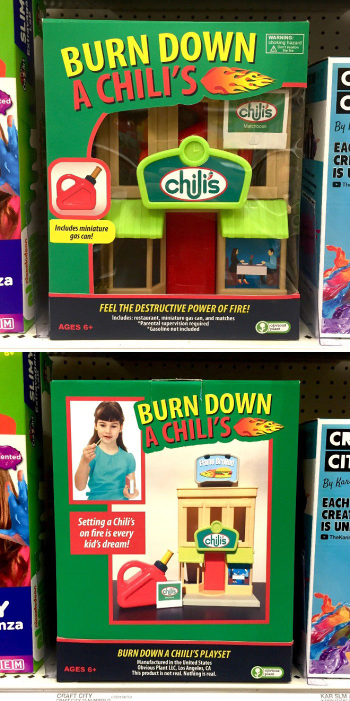obvious plant toys - Warning choking hazard A Dorterelow Burn Down A Chili'S ced chilis Matchbook By I Ea Cri Is Chilis Includes miniature gas can! za Feel The Destructive Power Of Fire! Includes restaurant, miniature gas can, and matches "Parental superv