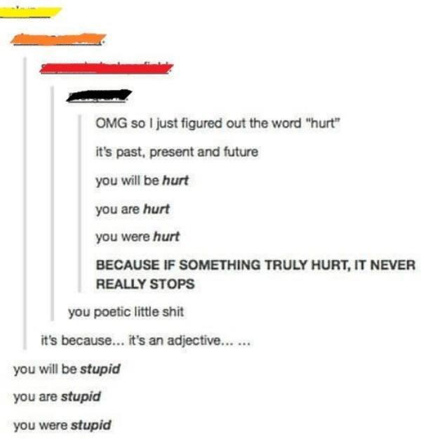 diagram - Omg So I just figured out the word "hurt" it's past, present and future you will be hurt you are hurt you were hurt Because If Something Truly Hurt, It Never Really Stops you poetic little shit it's because... it's an adjective... ... you will b