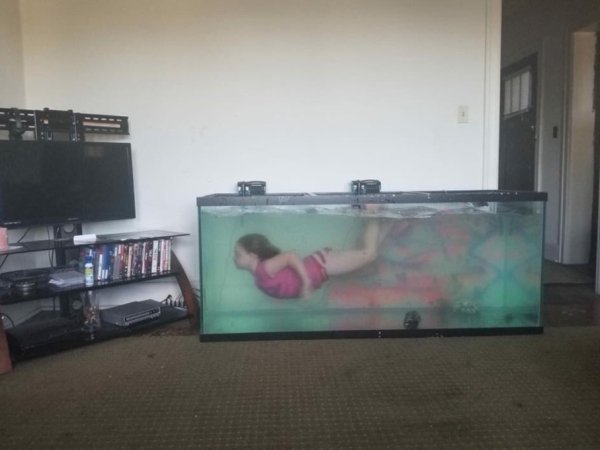 sister swimming in fish tank