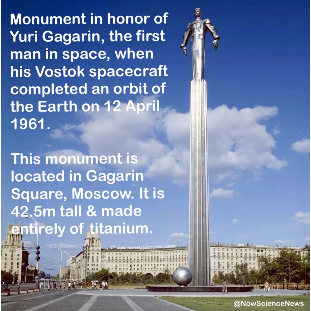 first man in space statue - Monument in honor of Yuri Gagarin, the first man in space, when his Vostok spacecraft completed an orbit of the Earth on . This monument is located in Gagarin Square, Moscow. It is 42.5m tall & made entirely of titanium. News