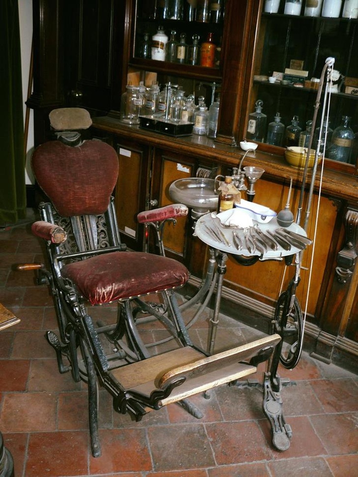 A vintage dental chair from years ago in dentistry