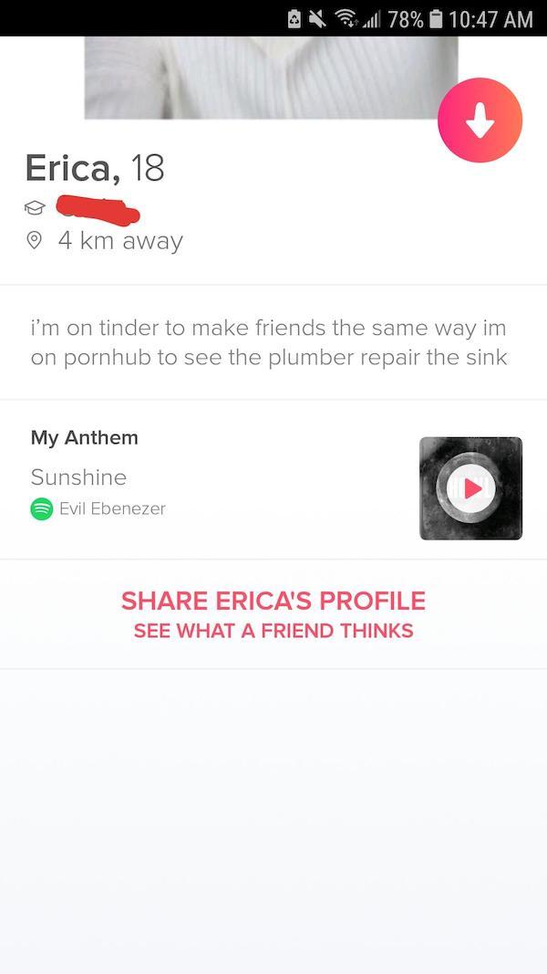 tinder - multimedia - Av wil 78% Erica, 18 4 km away i'm on tinder to make friends the same way im on pornhub to see the plumber repair the sink My Anthem Sunshine Evil Ebenezer Erica'S Profile See What A Friend Thinks