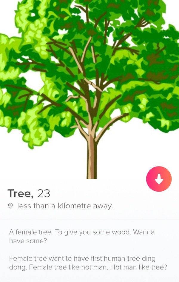tinder - trees reduce violence - Tree, 23 less than a kilometre away. A female tree. To give you some wood. Wanna have some? Female tree want to have first humantree ding dong. Female tree hot man. Hot man tree?