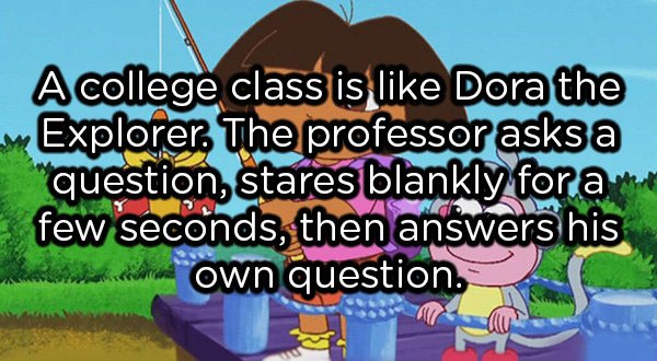 showerthoughts  - cartoon - A college class is Dora the Explorer. The professor asks a "question, stares blankly foram few seconds, then answers his bateriali in own question.