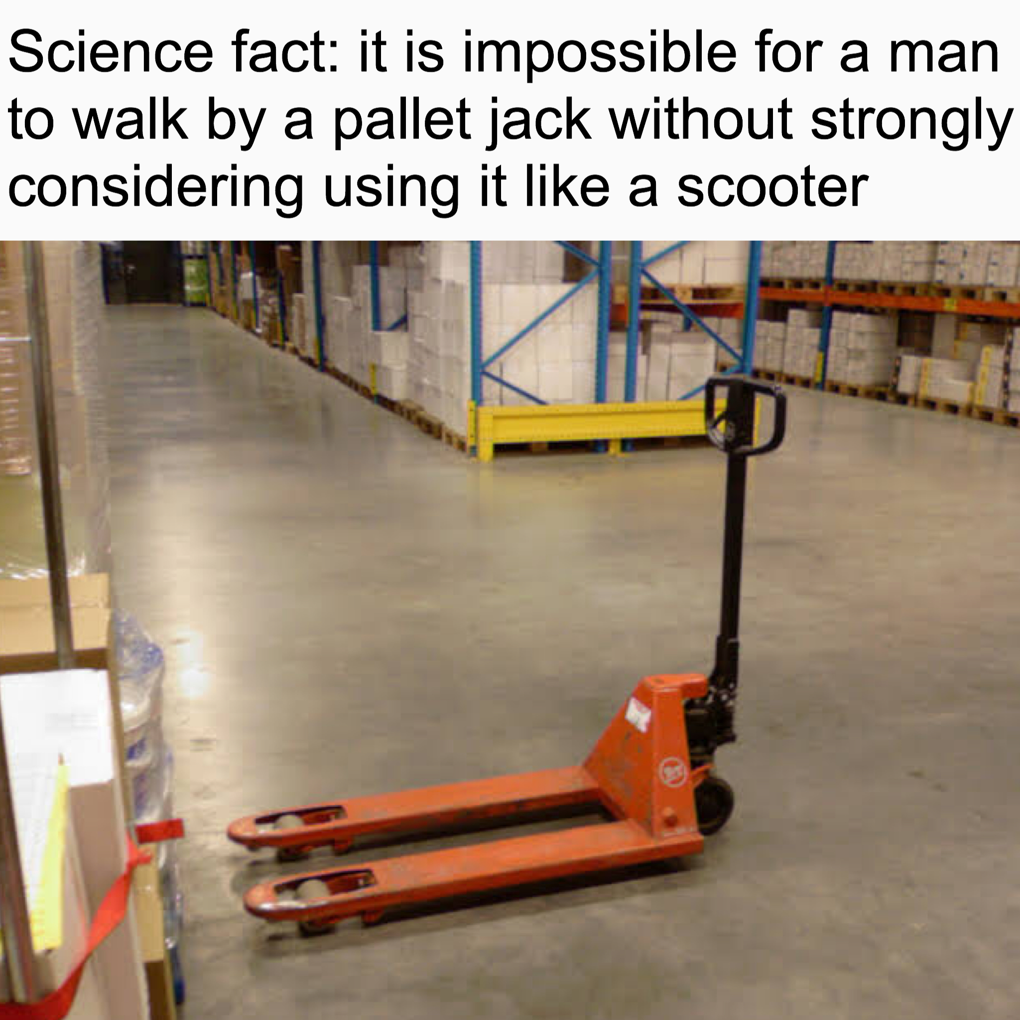 warehouse funny - Science fact it is impossible for a man to walk by a pallet jack without strongly considering using it a scooter