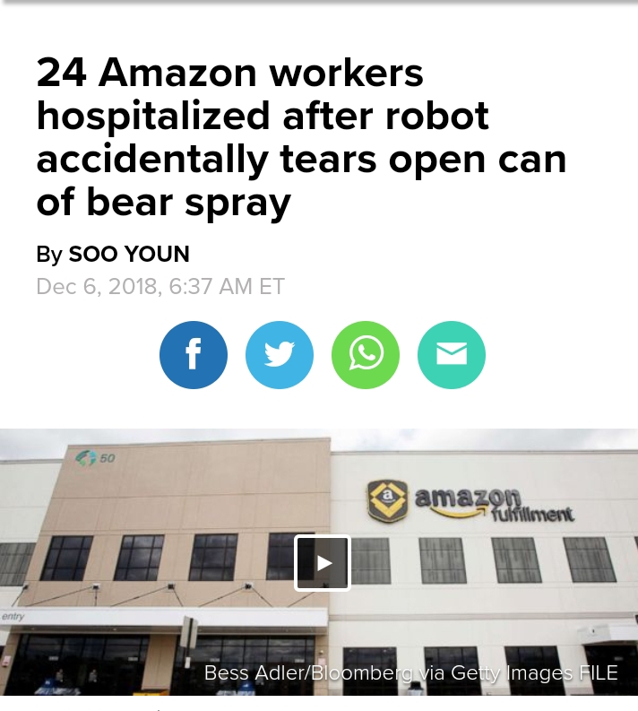 amazon fulfillment - 24 Amazon workers hospitalized after robot accidentally tears open can of bear spray By Soo Youn , Et amazement entry Bess AdlerBloomberg via Getty Images File