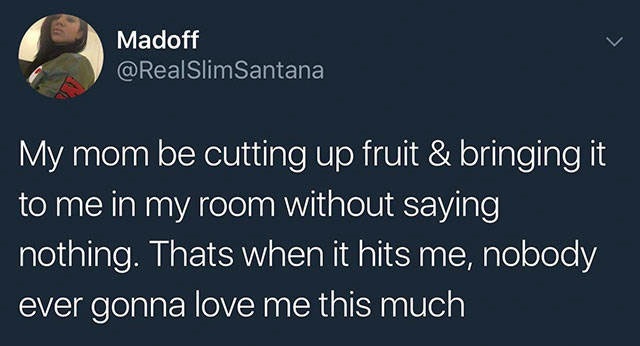 bucky x tony - Madoff My mom be cutting up fruit & bringing it to me in my room without saying nothing. Thats when it hits me, nobody ever gonna love me this much