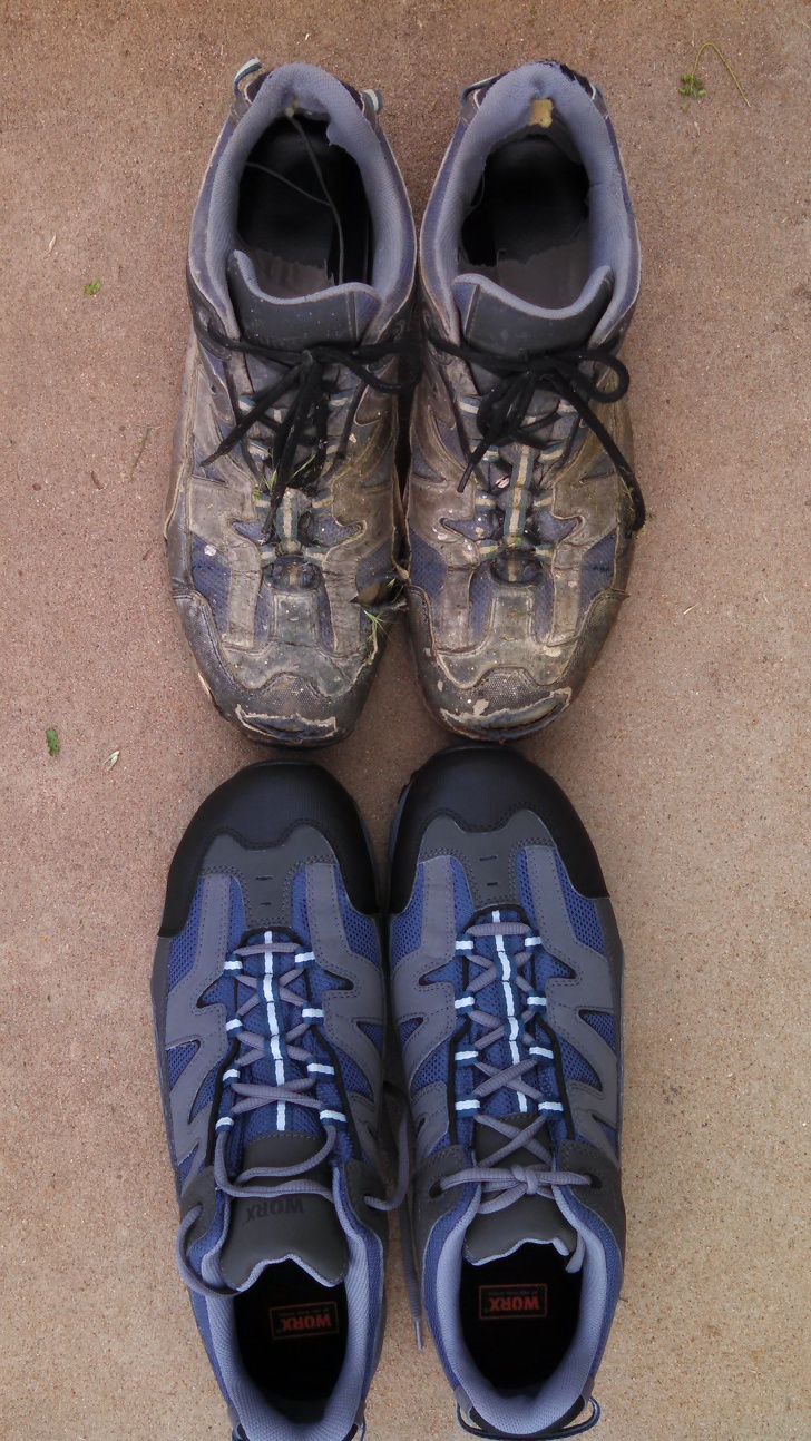 A new pair of work shoes compared to a pair of the exact same model after 15 months