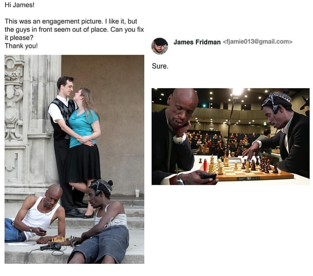 para photoshop james fridman - Hi James! This was an engagement picture. I it, but the guys in front seem out of place. Can you fix it please? Thank you! James Fridman  Sure.