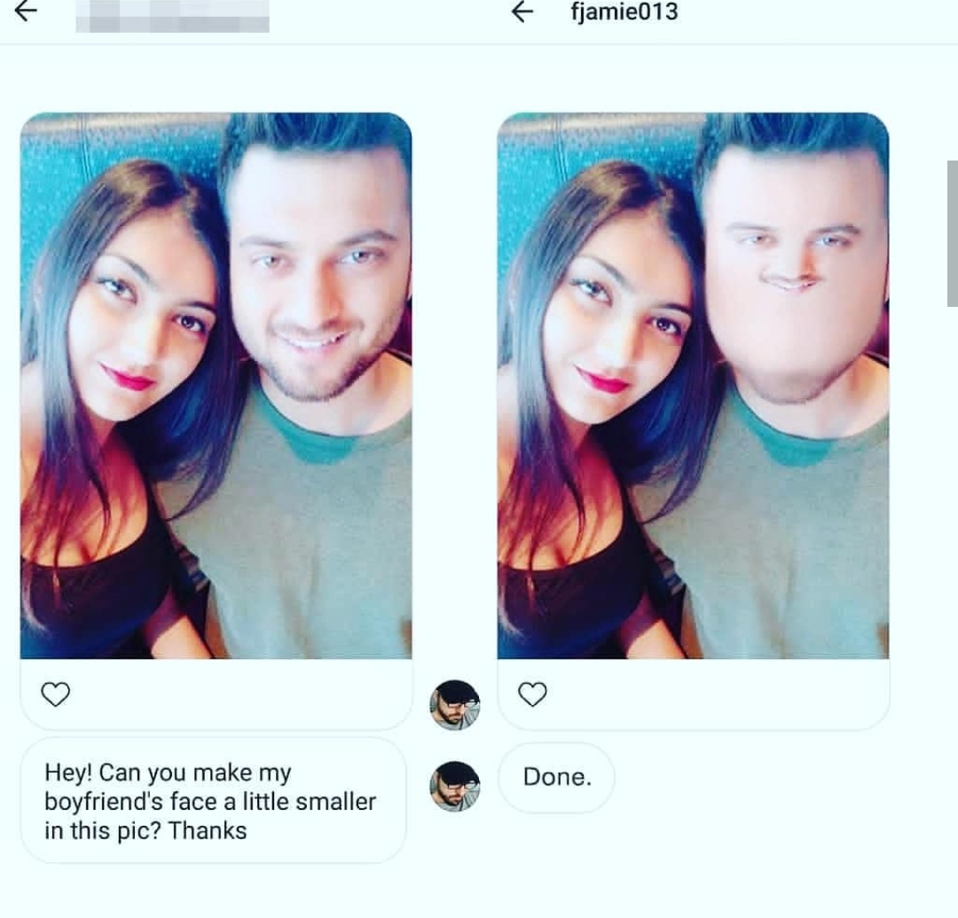 james fridman - fjamie013 Hey! Can you make my boyfriend's face a little smaller in this pic? Thanks Done.