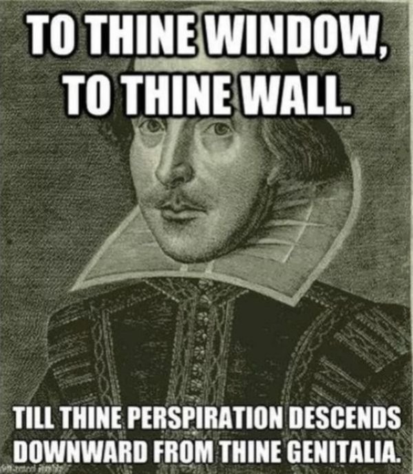 dirty pic shakespeare english meme - To Thine Window To Thine Wall. Till Thine Perspiration Descends Downward From Thine Genitalia.