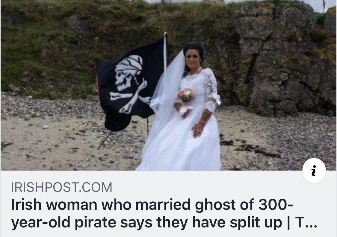 work meme with headline about pirate ghost divorcing wife
