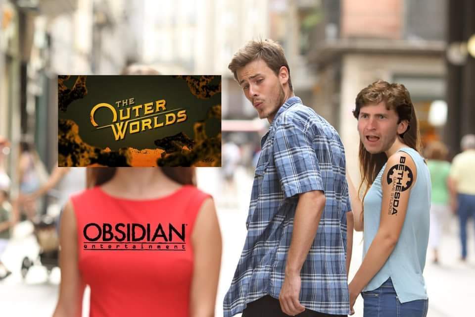 work meme with distracted boyfriend preferring Obsidian games over Bethseda