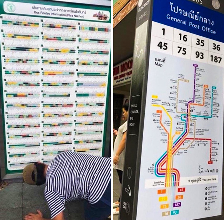 Check out this bus route map in Thailand: the left one is designed by the government and the right one is designed by a local community service group.