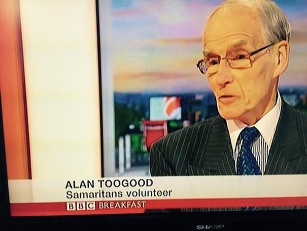 funny name perfect name for the job - Alan Toogood Samaritans volunteer Bbc Breakfast Sharp