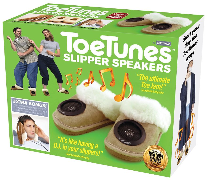 weird products that exist - by Techxmaxx ToeTunes Sort pour doy the latines Slipper Speakers "The ultimate Toe Jam! Soundtaztick Magazine Extra Bonus! Tum you slippers to headphones with the included beadband Phi Tv Linked od onio de col sounds FoeTunes "