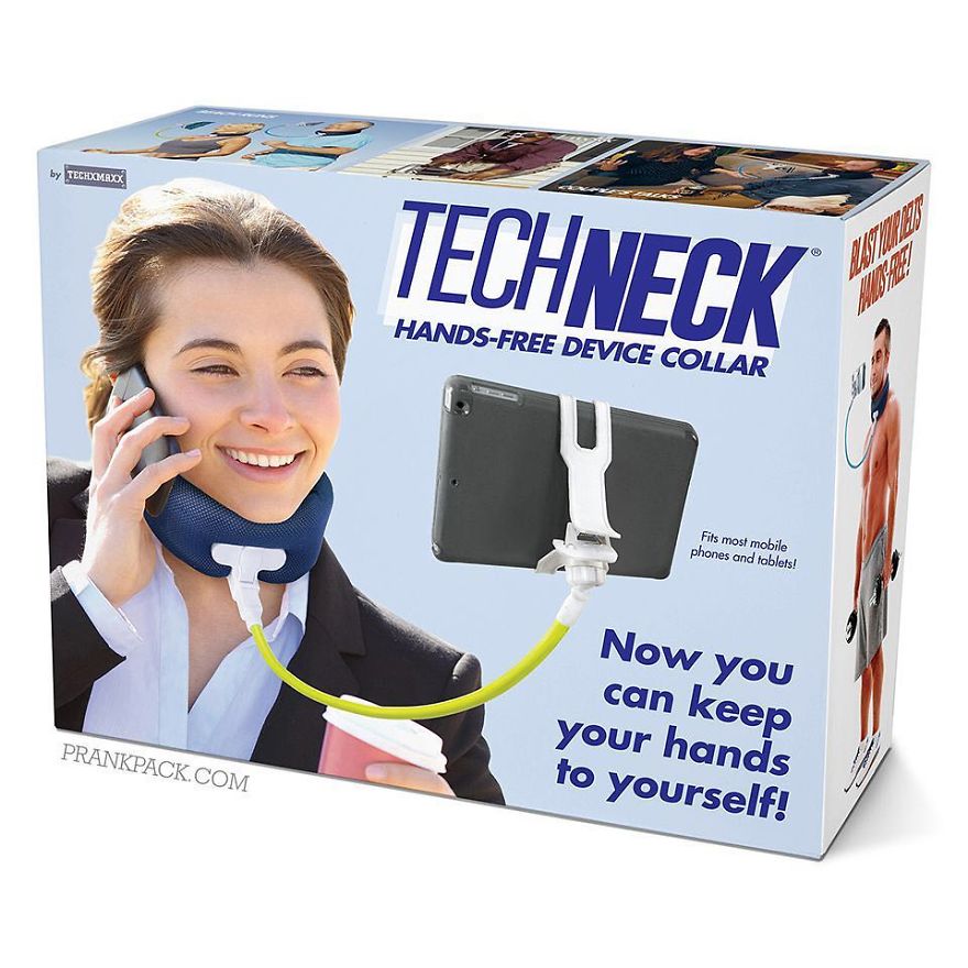 fake gift boxes - by Techxmaxx Techneck HandsFree Device Collar Fits most mobile phones and tablets! Now you can keep your hands to yourself! Prankpack.Com
