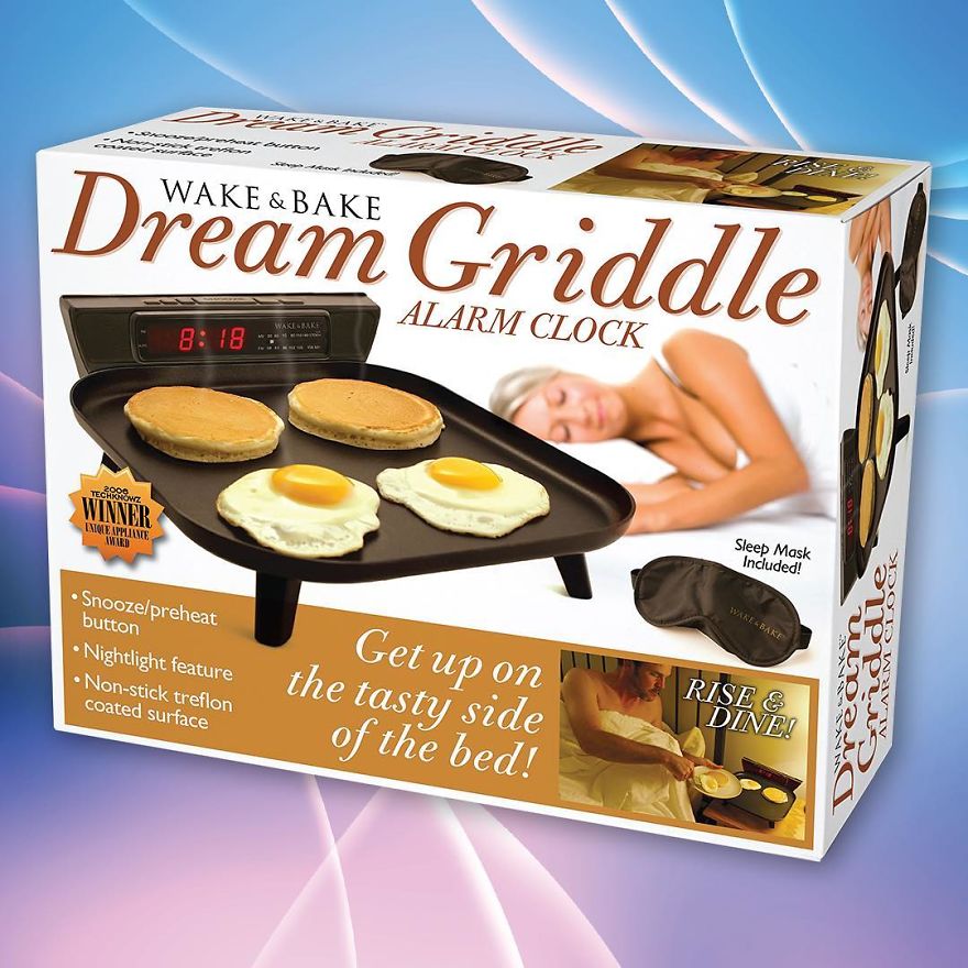 wake and bake dream griddle - he Wake & Bake Dream Griddle Alarm Clock Technoloniz Winner Ingle Appliante Wird Sleep Mask Included! Snoozepreheat button Ware Bake Nightlight feature >Dow Nonstick treflon coated surface Get up on the tasty side of the bed!