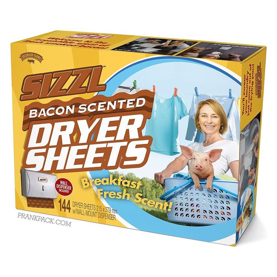 Practical joke - Wicina Za Bacon Scented Dryer Sheets To Breakfast Fresh si Wall Dispenser Included 1. Dryer Sheets 215 x 279 mm WwallMount Dispenser Scent! 1 9 Prankpack.Com