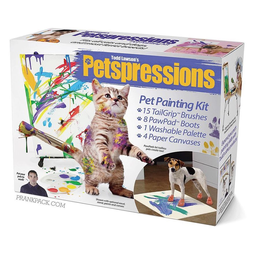 petspressions prank box - Sz Here Todd Lawson's Petspressions Pet Painting Kit . 15 TailGrip Brushes 8 PawPad Boots 1 Washable Palette 4 Paper Canvases PawPodslet tailless pets create too! Put your pets to world Prankpack.Com Shown with optional easel. st
