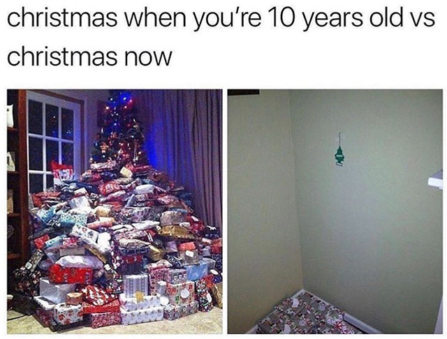 christmas tree with tons of presents - christmas when you're 10 years old vs christmas now