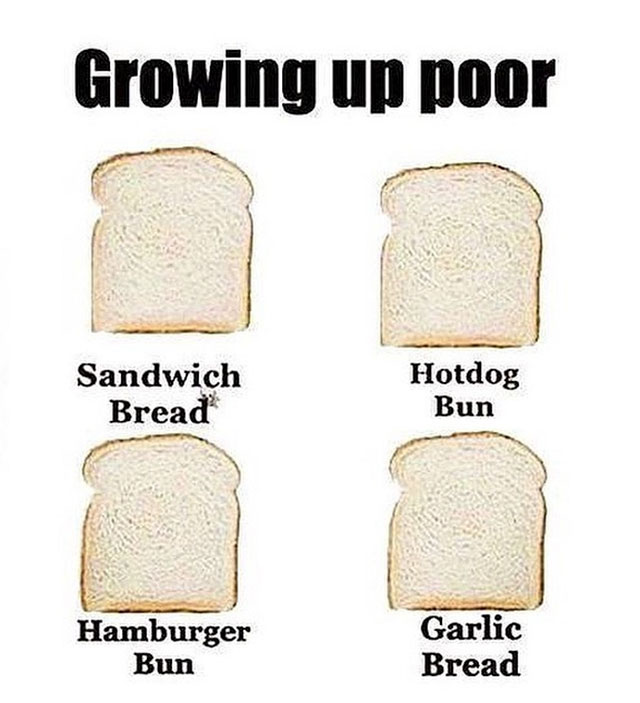 poverty meme - Growing up poor Sandwich Bread Hotdog Bun Hamburger Bun Garlic Bread