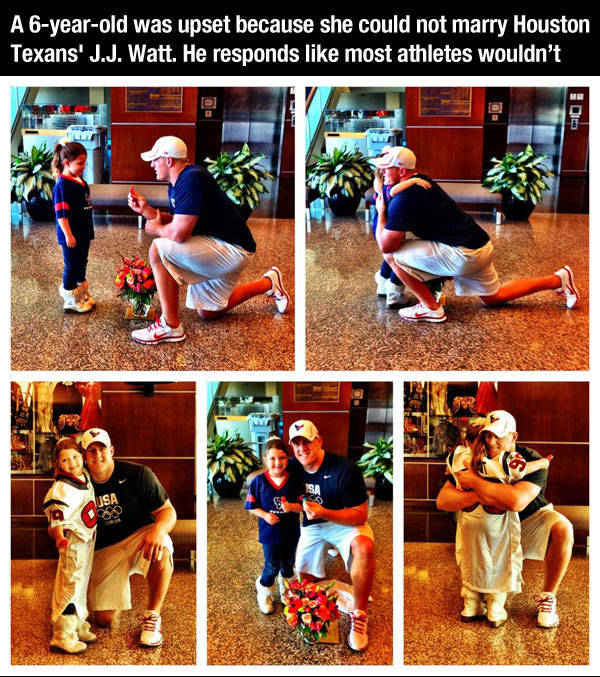 jj watt married 6 year old - A 6yearold was upset because she could not marry Houston Texans' J.J. Watt. He responds most athletes wouldn't