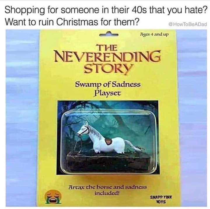neverending story toys - Shopping for someone in their 40s that you hate? Want to ruin Christmas for them? Ages and up The Neverending Story Swamp of Sadness Playset Artax the horse and sadness included! Snapp Tink Toys