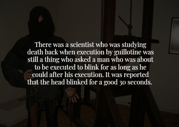 darkness - There was a scientist who was studying death back when execution by guillotine was still a thing who asked a man who was about to be executed to blink for as long as he could after his execution. It was reported that the head blinked for a good