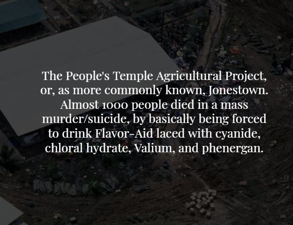 sky - The People's Temple Agricultural Project, or, as more commonly known, Jonestown. Almost 1000 people died in a mass murdersuicide, by basically being forced to drink FlavorAid laced with cyanide, chloral hydrate, Valium, and phenergan.