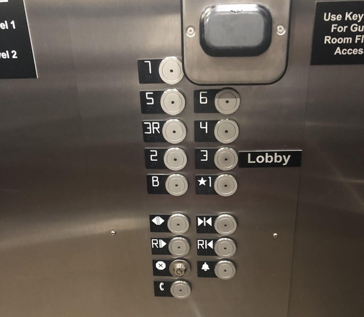 design fail hotel elevator buttons - el 1 Use key For Gu Room Fi Acces Tel 2 3R 2 O 40 3 Lobby Ri Rdrko Rk