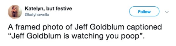 diagram - Katelyn, but festive A framed photo of Jeff Goldblum captioned "Jeff Goldblum is watching you poop".