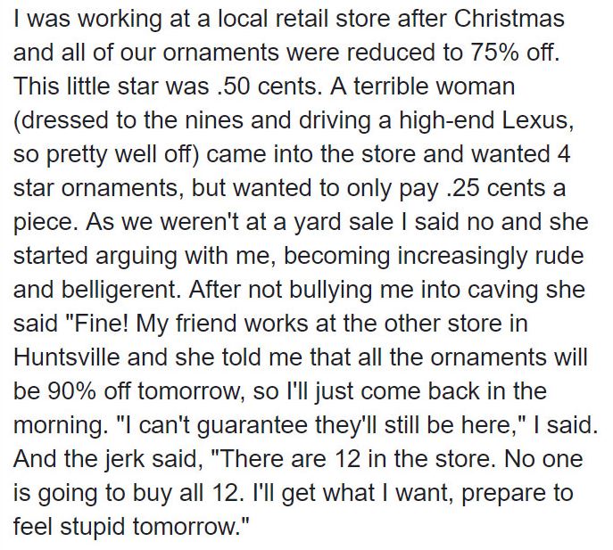 Rude Customer Gets Instant Karma From Spiteful Cashier Over Christmas Ornament